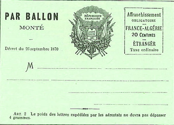 Carte-poste de Paris par ballon monté, 1870-1871.